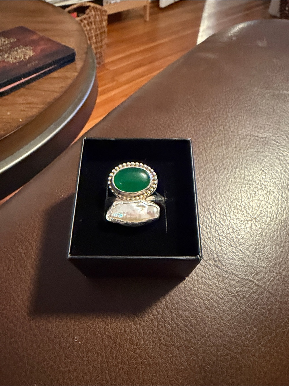 Green Gemstone and Pearl Accent Silver Ring for Women